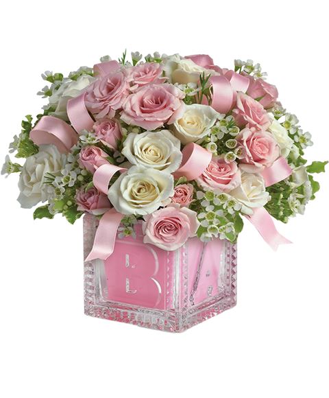 Composizione Rose Rosa Tenue E Bianche Fiorellini Bianchi Con Verde Decorativo In Vaso Di Vetro